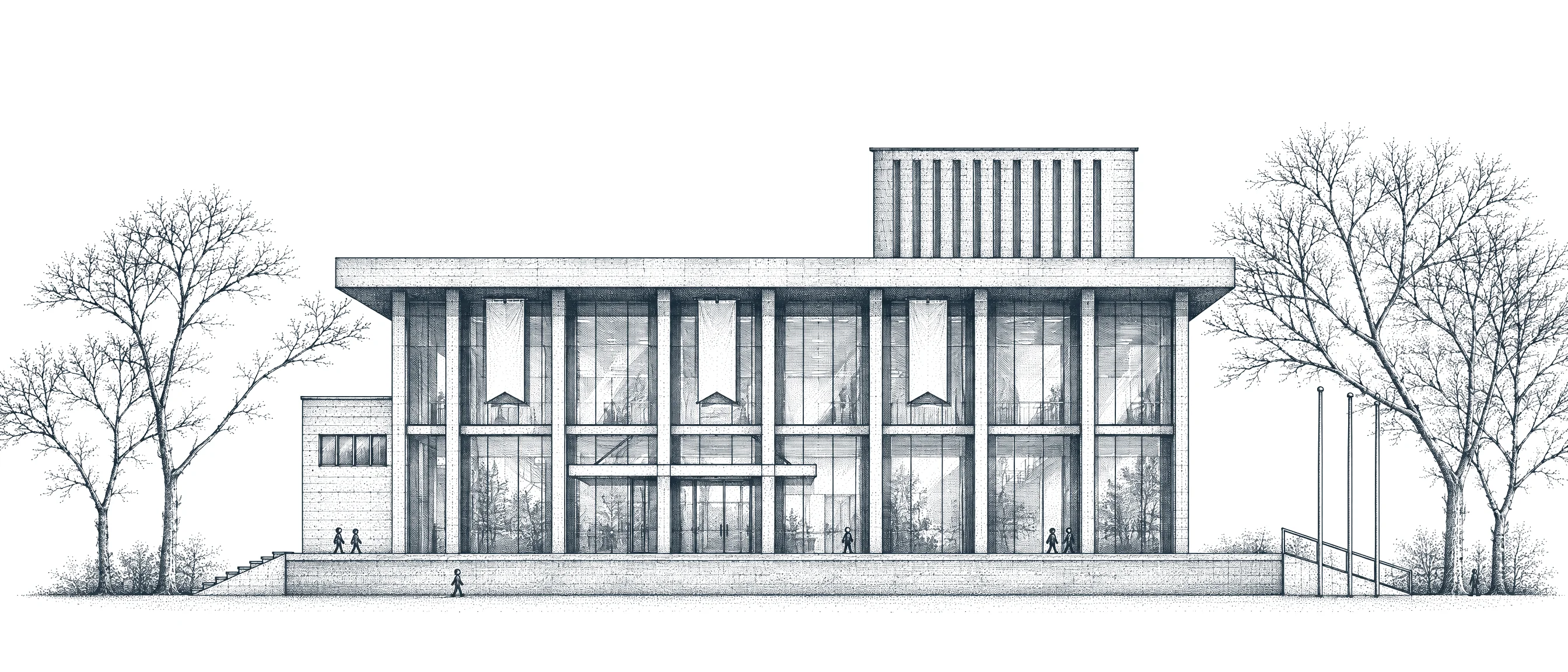 Pen-and-ink elevation of a glass event pavilion between bare trees